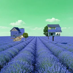 a blu field, a green sky, surreal collage