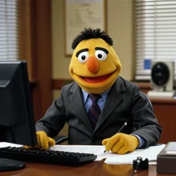 85mm of Muppet Michael Scott from The Office sitting at his desk shot on 35mm film ultra realistic