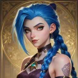 a Portrait of JINX from Arcane, blue hair, pigtail, intricate, elegant, highly detailed, digital painting, concept art, smooth, sharp focus, illustration, art by artgerm and greg rutkowski and alphonse mucha,artstation,deviantart,FAN ART,Unreal Engine,face enhance,8K,golden ratio,cinematic lighting H 704