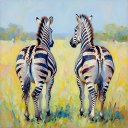 Two zebras front and back, abstract oil painting in rainbow colors