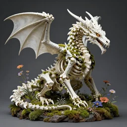 white dragon skeleton covered in moss and flowers, intricate details, hyperrealistic, hr giger