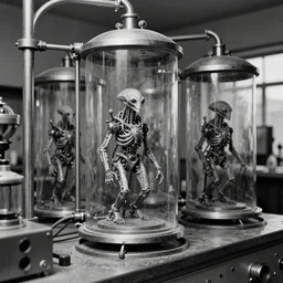 old black and white photo, 1 9 1 3, depicting a dieselpunk lab with biomechanical aliens inside glass vats, historical record
