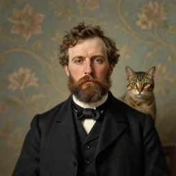 portrait of a person in the 1 8 8 0 s by george henry durrie, cat instead of hat, flowery wallpaper, ambient occlusion