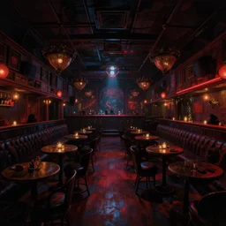 Interior of a noir night club, Greg Rutkowski, Frank Frazetta, trending on Artstation, 8K, ultra wide angle, establishing shot, pincushion lens effect, zenith view