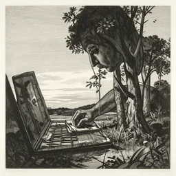 painting by Harald Wiberg, lithography, black and white