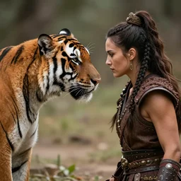 a majestic brown warrior woman face to face with a tiger.