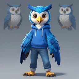 front facing portrait. humanoid furry! anthro, anthro, anthro, avian, avian, avian!!! fursona, bird, bird, bird!!! digital art! trending on artstation! subject wearing hoodie and jeans!! subject is female!! female!!! big beak, big beak, big beak!!! blue feathers!! birdfolk!! owlkin!! Character design by charlie bowater, ross tran, artgerm, and makoto shinkai!!! detailed!!!
