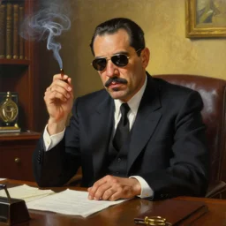beautiful oil matte portrait painting, mafia boss smoking at his 5 0 s new york office desk, wonderful masterpiece highly detailed, beautiful cinematic light deep focus, elegant, digital painting, smooth, sharp focus, golden ratio, dramatic illumination, ultra realistic, 8 k, art by jimmy law