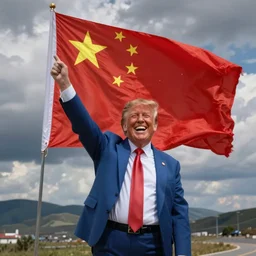 donald trump waving giant china flag laughing hysterically