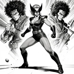 scarlett johansson as wolverine from x - men, full body action pose scene, black and white, afro samurai manga style