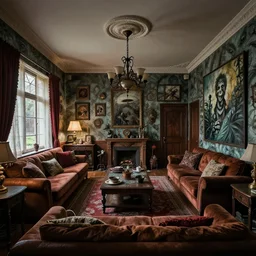 horror house living room interior overview design, Moebius, Greg Rutkowski, Zabrocki, Karlkka, Jayison Devadas, Phuoc Quan, trending on Artstation, 8K, ultra wide angle, pincushion lens effect.