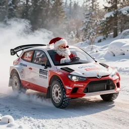 Santa Clause driving a rally car he is going fast there is smoke coming from the tires there is snow on the track, octane render, realistic lighting, realistic shadows, highly reflective, photo realistic, hyper realistic