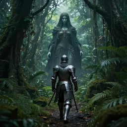 a strong knight walking towards an ominous goddess in a densely overgrown, eerie jungle, fantasy, stopped in time, dreamlike light incidence, ultra realistic