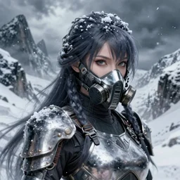 portrait of female ninja gaiden momiji, metalic frost cyber ninja respirator, stormy snowy fiji mountain, incredibly beautiful, armored, highly detailed, digital painting, final fantasy, sharp focus, art, illustrations by tian zi, jeame jean, ayanamikodon and irakli nadar