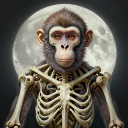 symmetry!! ultra realistic portrait of monkey made of bone! moon in background, intricate, elegant, highly detailed, digital painting, artstation, concept art, smooth, sharp focus, illustration, art by artgerm and ross tran and greg rutkowski and alphonse mucha, 8 k