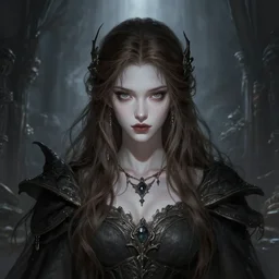 dark fantasy magical princess, pale, brunette, headshot portrait, wide angle view, highly detailed, qichao wang, artgerm, cushart krenz, zeronis, trending on artstation, soft light, sharp edges, illustration, character design, concept art