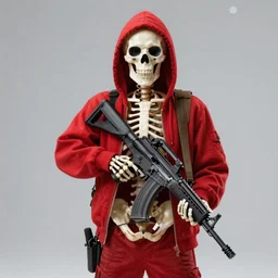 skeleton in a red hoodie holding a m16 rifle