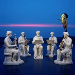 marble statues of an entire orchestra with pink light on the horizon by andreas achenbach and carl gustav carus and thomas cole and delphin enjolras, and dali, blue mood, blue light
