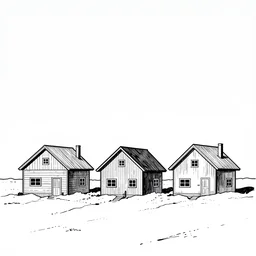 three houses stand on the snow ground, view from sky, line drawing, no - shadow, black and white, by makoto shinkai takashi takeuchi studio ghibli, akihiko yoshida