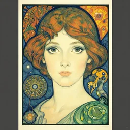 a lonley girl with huge eyes, colored woodcut, poster art, by Mackintosh, art noveau, by Ernst Haeckel, by schiele