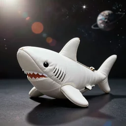 vintage analog product photography of a white leather shark, stuffed toy, zippers, terry the fat shark, space background, studio lighting, film grain, lensflare, color bleed, glare