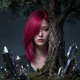 a highly detailed digital art of A beautiful woman,  with medium length magenta hair covering an eye, and a tall tree, and large obsidian crystals, cinematic lighting, dramatic atmosphere, by Dustin Nguyen, Akihiko Yoshida, Greg Tocchini, Greg Rutkowski, Cliff Chiang, 4k resolution, trending on artstation