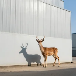 a weak shadow of a majestic but small deer standing outside a very large industrial building with small windows, golden light, thick mist, backlit, insane details, hyperrealistic photo by jimmy nelson, trending on artstation