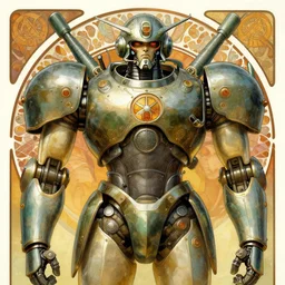 upper half portrait of army mecha robot, art by alphonse mucha, highly detailed, digital painting, concept art, illustration, smooth sharp focus, intricate, symmetry, artstation, colourful,