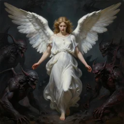 a painting of a beautiful angel surrounded by dark, menacing creatures, hyper detailed, digital art, trending in artstation, cinematic lighting, studio quality, smooth render
