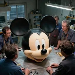 several workers in workshop looking at the head of mickey mouse, made by beeple, cgsociety, artgerm, greg rutkowski, highly detailed intricate 8 k art, low light cinematic, 2 4 mm lens, | upper view | close distance |