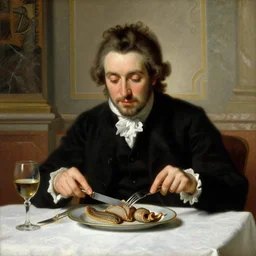 baroque oil painting handsome aristocrat in elegant black suit eating sliced cooked dune sandworm using knife and fork in restaurant, painted by greg rutkowski cushart krentz jeremy mann, dune sandworm, wine glass, marble interior, front view, close up shot, soft lighting, elegant, morandi color scheme, white embroidered tablecloth, baroque style