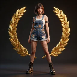 full body pose, photograph of a girl in painted overalls, short shorts, combat boots, fishnets, dim volumetric lighting, 8 k, octane beautifully detailed render, extremely hyper detailed, intricate, epic composition, cinematic lighting, masterpiece, very very detailed, stunning, hdr, smooth, sharp focus, high resolution, award, winning photo, dslr, 5 0 mm