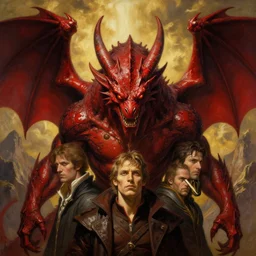 red dragon close up by greg rutkowski, drark, marvel comics, dark, plutus su and chris scalf and lucas graciano and billy christian, symmetrical, mountains, red and gold color palette, painting, d & d, fantasy, detailed, realistic, complimentary colors, light, artstation, cinematic, dramatic lighting, close up, storm clouds, hudson river school