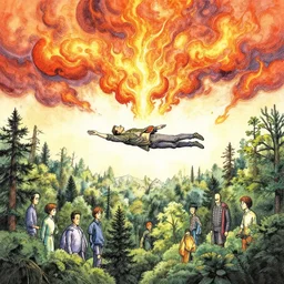 highly detailed ink and watercolor illustration of a man floating over a forest while the clouds in the sky seem to be on fire by moebius, by dan mumford, by nico delort, by kilian eng, by oliver vernon artist, by joseph moncada, by damon soule, by manabu ikeda, by kilian eng, by kyle hotz, by otomo, 4 k resolution