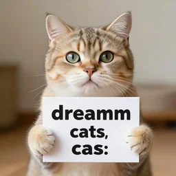 realistic high quality photo of a cute cat holding a sign with text that reads : dreamm caaats, cats, cas