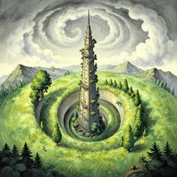 a tower, trees, 2 meters, spiral, naive nerikomi, weird perspective, extra narrow, detailed illustration by moebius and james jean, scenic spiral environment by rhads and moebius and pixar, trending artstation, fisheye, grass field mountainous terrain, spiral clouds and swirly mist