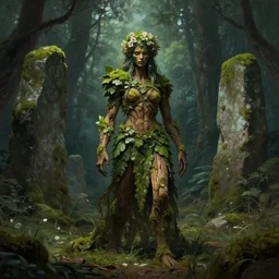 moss - covered wood spirit with flower for hair, skin of leaves, and bark armor standing in a sacred grove with standing stones. d & d fantasy art, digital painting, magical forest, 8 k resolution, dramatic lighting, full - length portrait, extremely detailed, 8 k resolution, eerie.