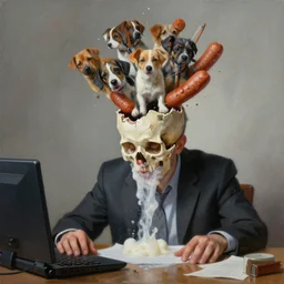 a perfect hyperrealist colour painting of a man at a desk, his head has burst open and a bouquet of dogs and frankfurters has erupted from his shattering skull. he is coated in one inch thick foaming saliva. perfect studio lighting.