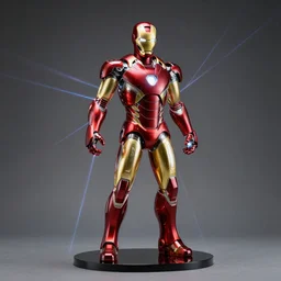 a glass sculpture of Iron Man, lasers