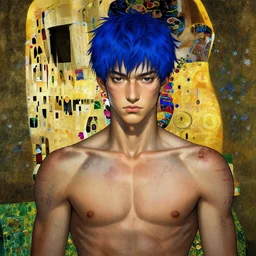 portrait of beautiful young man, warhammer, japanic style, cyberpunk, a lot of scars, more and more flowers, blue head, the future ages, highly detailed, artstation, illustration, art by gustav klimt, 8 k quality