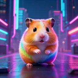 rainbow hamster!! in a cyberpunk! city, neon lights, light reflection, logo, 8 k, hd
