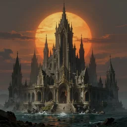detailed art by carl gustav carus and zdzislaw beksinski of an abandoned towering ornate city by a dead and still sea, the great ancient forgotten city of lost carcosa, the ancient sleeping ghost city of hastur the king in yellow, two suns in the sickly sunset, 8 k resolution, smooth, sharp focus, dramatic dark eerie lighting, matte painting