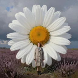 portrait, gigantic daisy flower as ahead, a girl wearing coat in heather field, surreal photography, wind and cold, dramatic sky, impressionist painting, digital painting, artstation, simon stalenhag