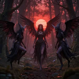 mystic witches with hooves and wings in the mystic forest, red sunset, high detailed, wikiart