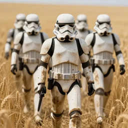 a closeup 2 8 mm photo of a star wars imperial dirty filthy muddy stormtrooper squad walking through a wheatfield during ww 2, sun, moon, smoke, planet, fire, volumetric lighting, action pose, thomas kinkade, ralph mcquarrie, greg rutkowski, detailed illustration, digital art