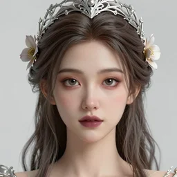 complex 3 d render, ultra detailed, realistic portrait of a beautiful porcelain skin woman, face, wispy, wavy hair worn tied back in a messy bun, wearing filigree silver elven circlet, wide open eyes, round catchlights, flowers in hair, brown eyeshadow, mauve lips, natural makeup, 8 5 mm lens, beautiful, studio portrait, goddess,