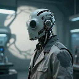 a half masked laboratory engineer man with cybernetic enhancements seen from a distance, scifi character portrait by greg rutkowski, craig mullins, 1 / 4 headshot, cinematic lighting, gobo shadows, dystopian scifi outfit, profile picture, mechanical, cyborg, half robot