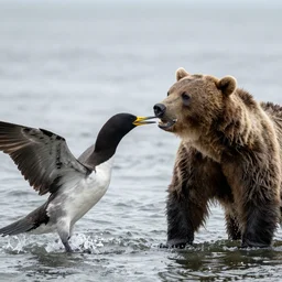 a bear attacking a large sea bird