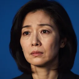 a close up photographic portrait of akie kotabe looking worried taken by annie leibowitz. cinematic lighting, blue background colour, 5 0 mm, subsurface scatter.