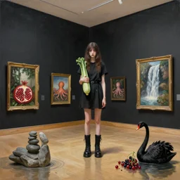 painting of flooded art gallery with paintings on black walls, a tall emo girl holding a courgette and wearing black demonia boots, nsw art gallery, pomegranates, octopus, waterfall, stone sculpture, zen, black swans, berries, surrealist, by magritte and monet